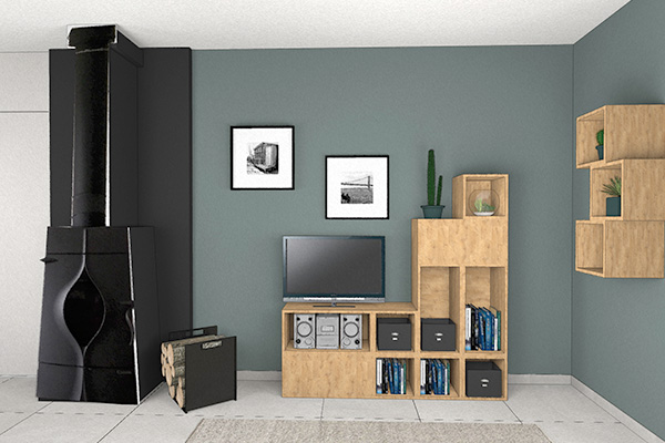 plan 3D de la cheminée et coin télévision