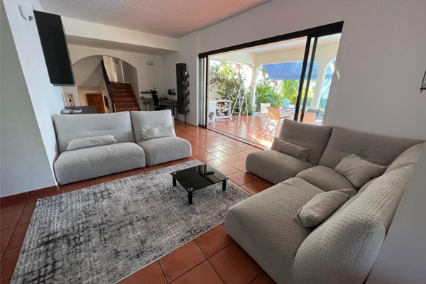 salon aménagé baie vitrée noire