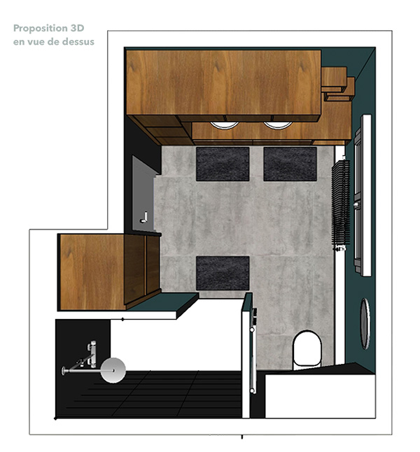 Plan 3D de la salle de bain vue du dessus
